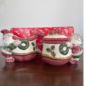 Fitz and Floyd Santa Claus Cream and Sugar Set Hand Painted Christmas Holiday